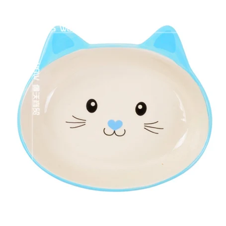 Comedero de cerámica plano para gatos (Azul - 14 x10.5 x 3 cm)